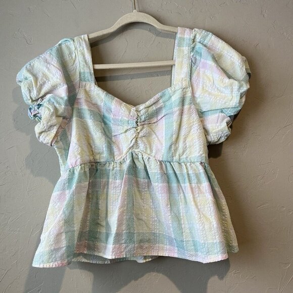 Puff-Sleeve Smocked Seersucker Babydoll Swing Blouse Women XL - Picture 3 of 9